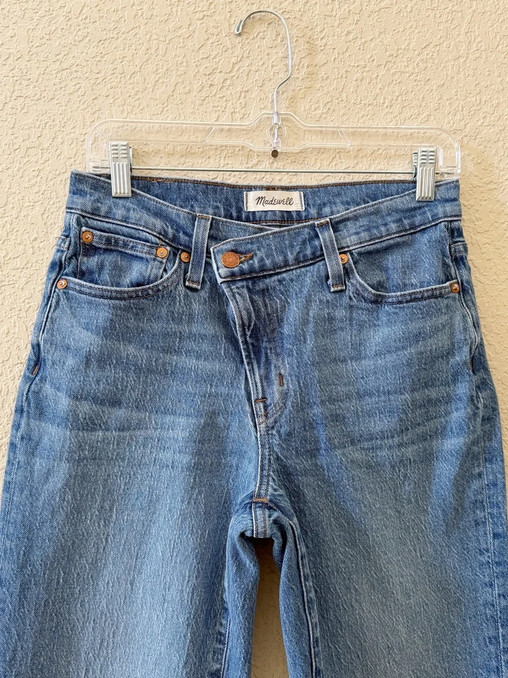 Madewell Jeans The Mid Rise Perfect Vintage Crossover Zipper Raw Hem Blue 27